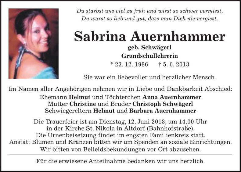 Traueranzeige Sabrina Auernhammer