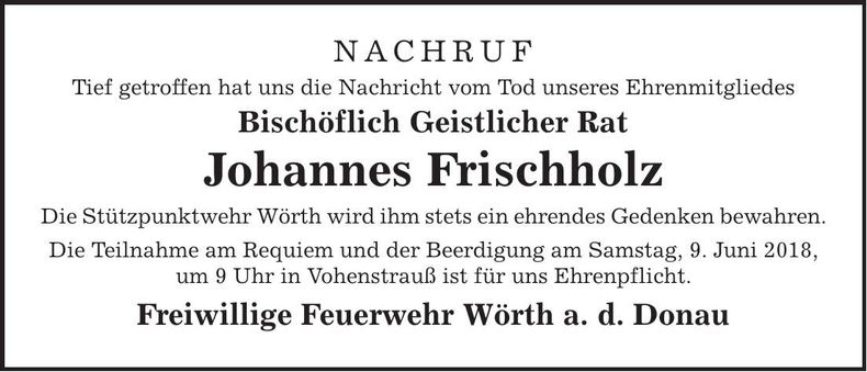 Traueranzeige Johannes Frischholz