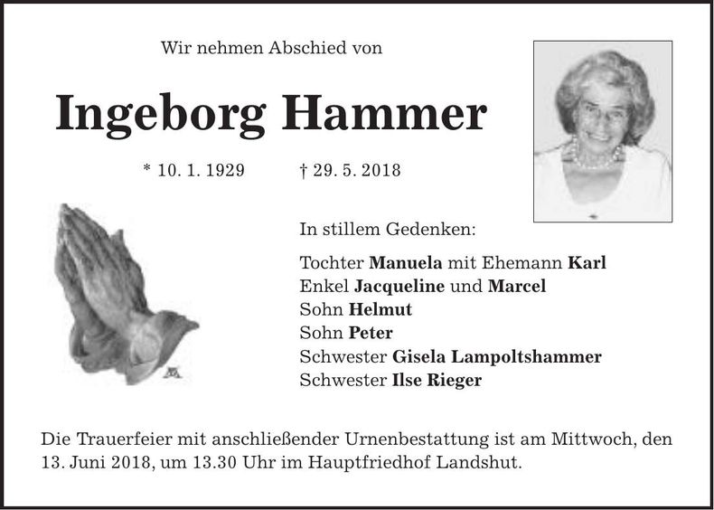 Traueranzeige Ingeborg Hammer