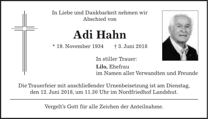 Traueranzeige Adi Hahn
