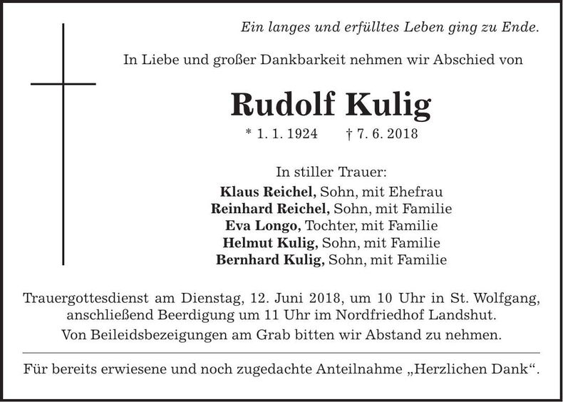 Traueranzeige Rudolf Kulig