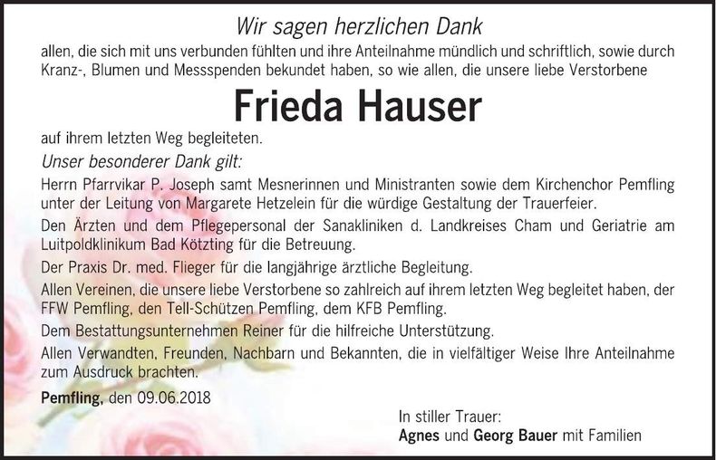 Traueranzeige Frieda Hauser