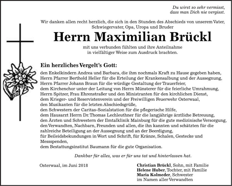 Traueranzeige Maximilian Brückl