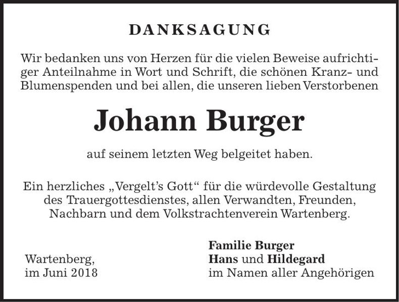 Traueranzeige Johann Burger