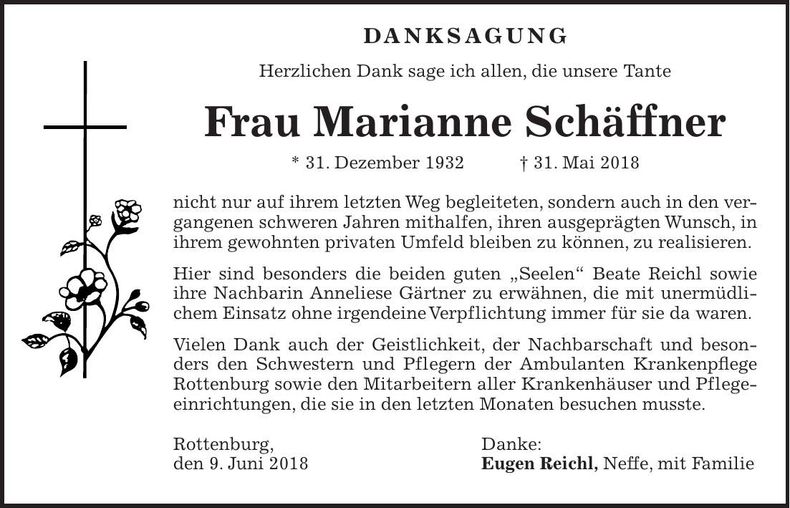 Traueranzeige Marianne Schäffner