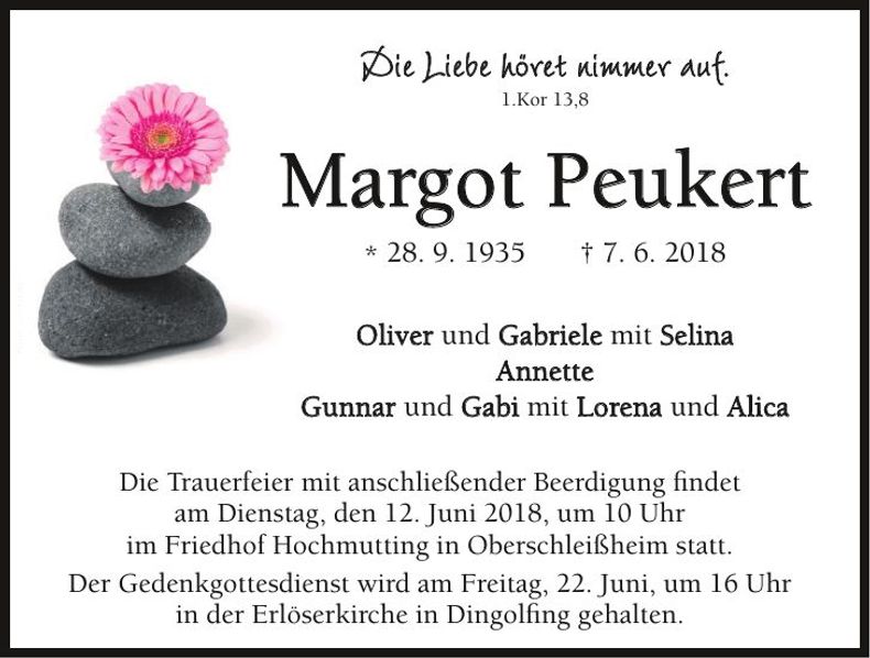 Traueranzeige Margot Peukert