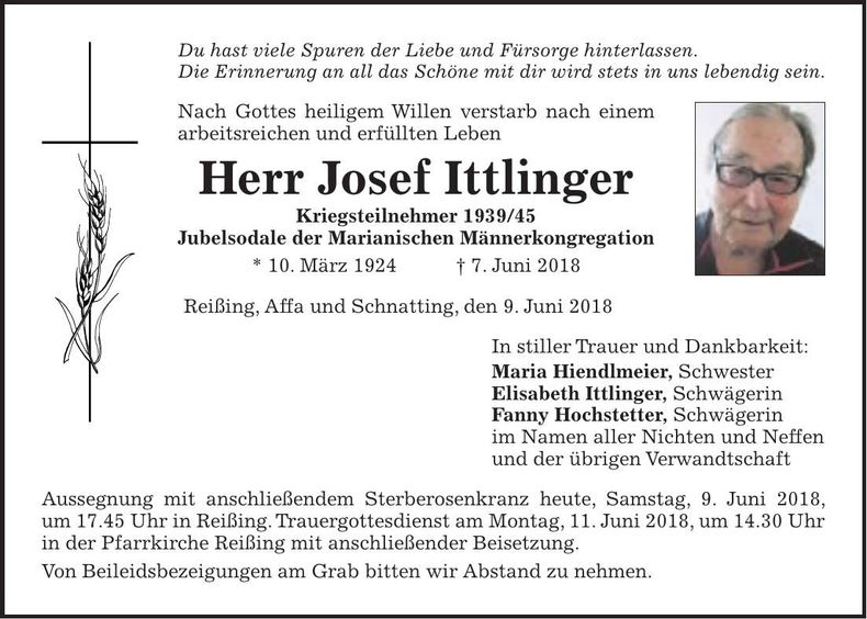 Traueranzeige Josef Ittlinger