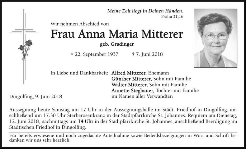 Traueranzeige Anna Maria Mitterer