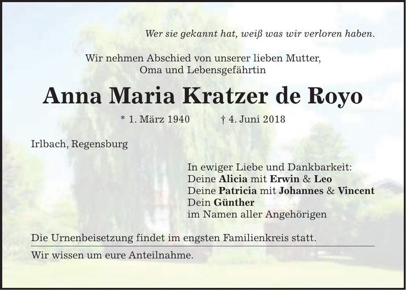 Traueranzeige Anna Maria Kratzer de Royo
