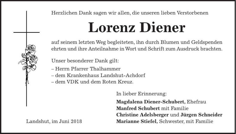 Traueranzeige Lorenz Diener