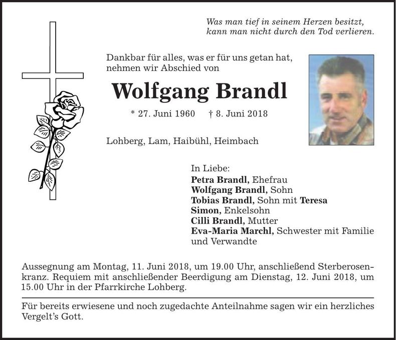 Traueranzeige Wolfgang Brandl