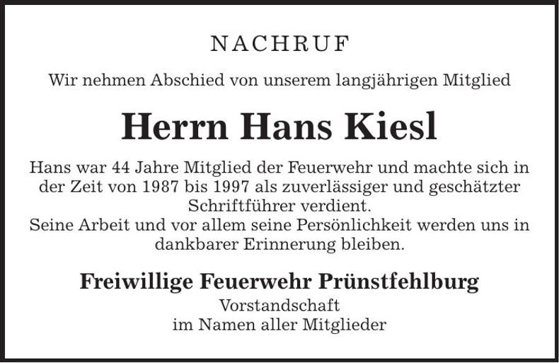 Traueranzeige Hans Kiesl
