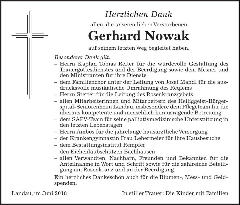 Traueranzeige Gerhard Nowak