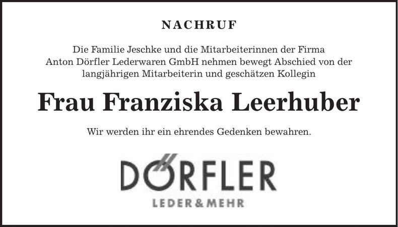 Traueranzeige Franziska Leerhuber