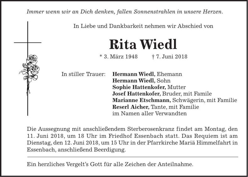 Traueranzeige Rita Wiedl