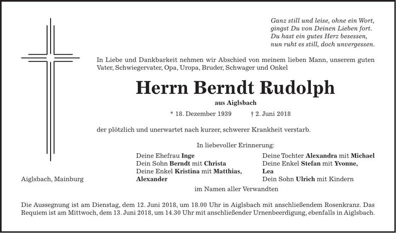 Traueranzeige Berndt Rudolph