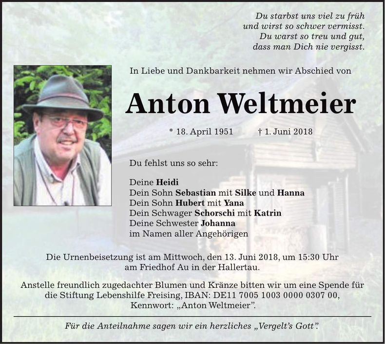 Traueranzeige Anton Weltmeier