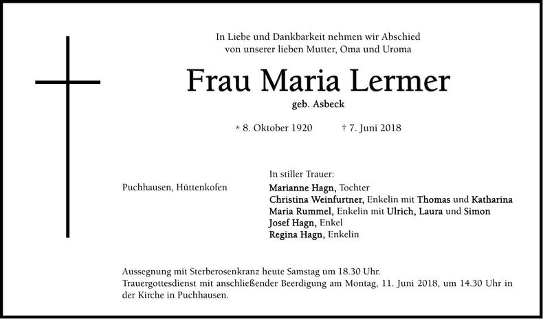 Traueranzeige Maria Lermer