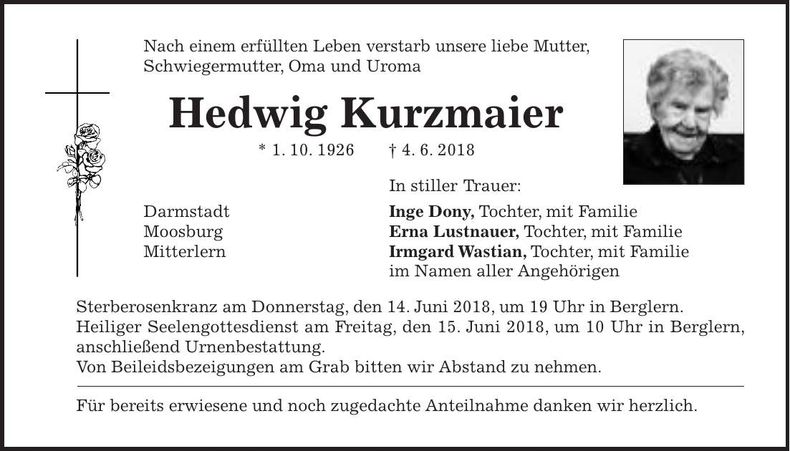 Traueranzeige Hedwig Kurzmaier