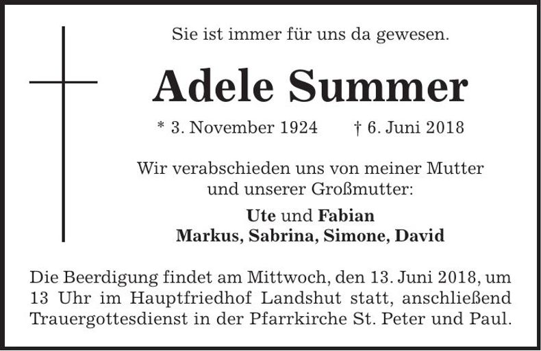 Traueranzeige Adele Summer