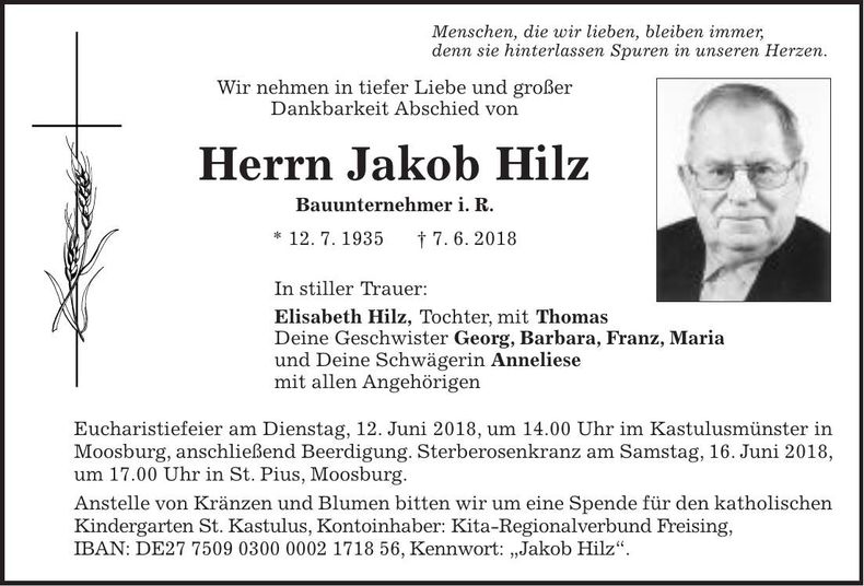 Traueranzeige Jakob Hilz
