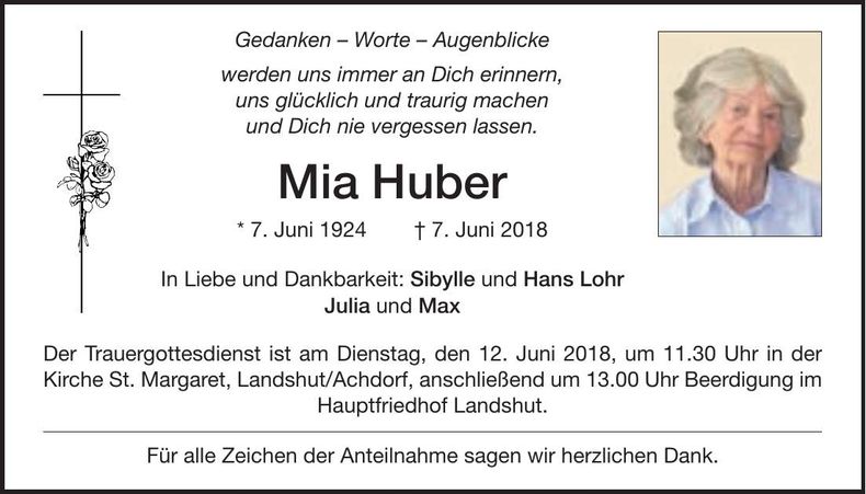 Traueranzeige Mia Huber