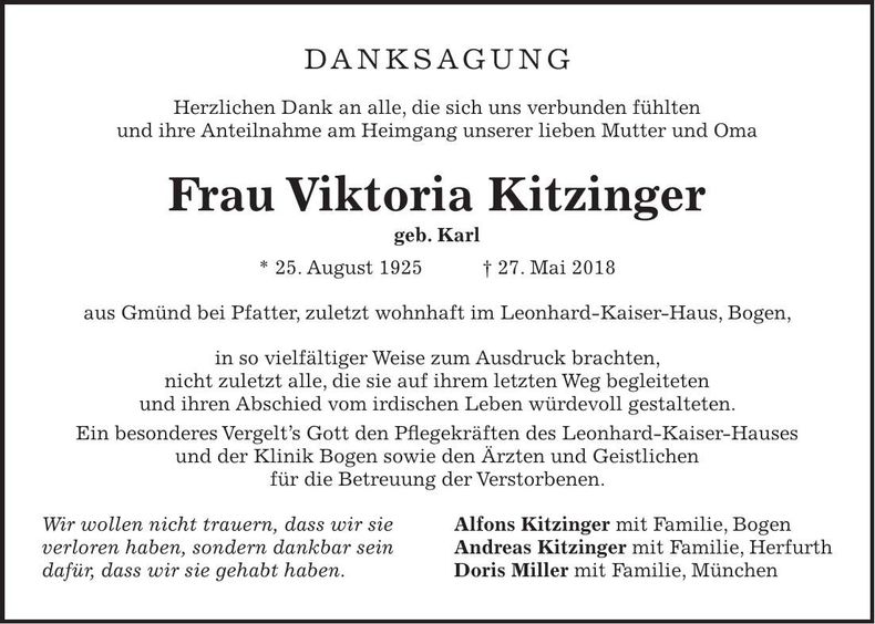 Traueranzeige Viktoria Kitzinger