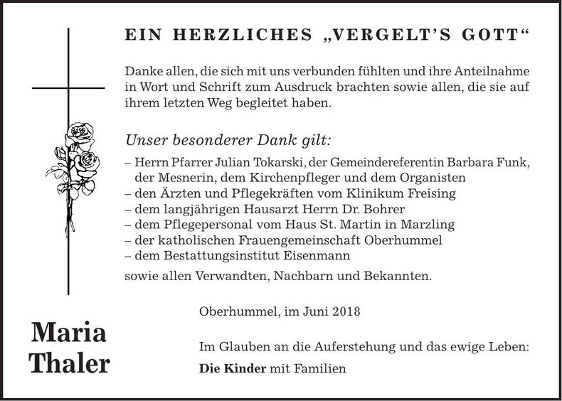 Traueranzeige Maria Thaler