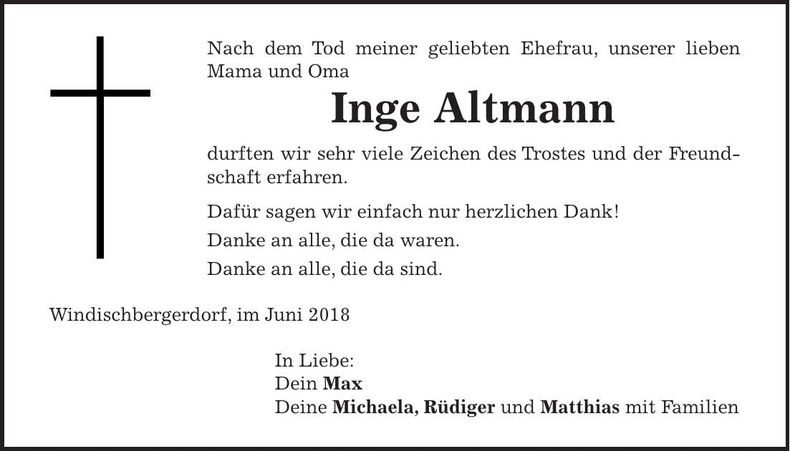 Traueranzeige Inge Altmann