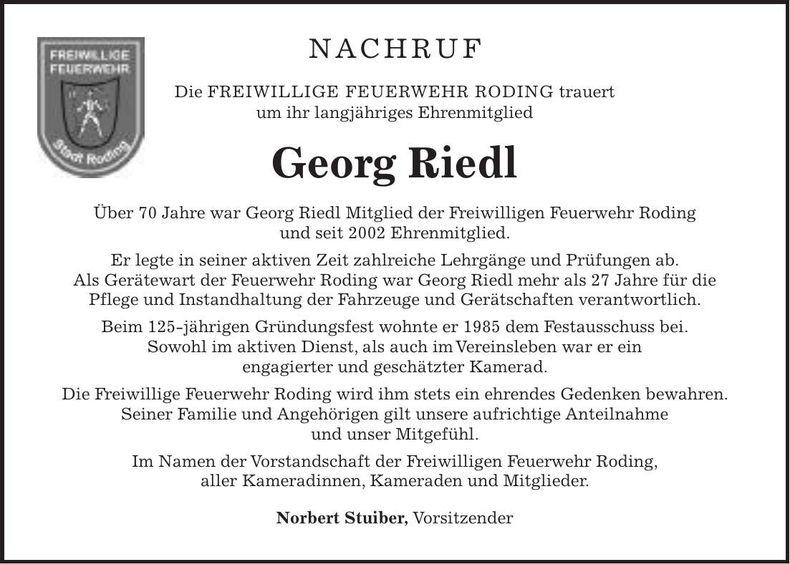 Traueranzeige Georg Riedl
