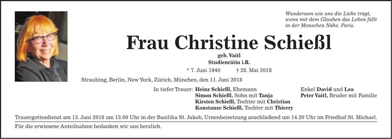 Traueranzeige Christine Schießl