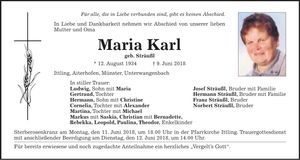 Traueranzeige Maria Karl