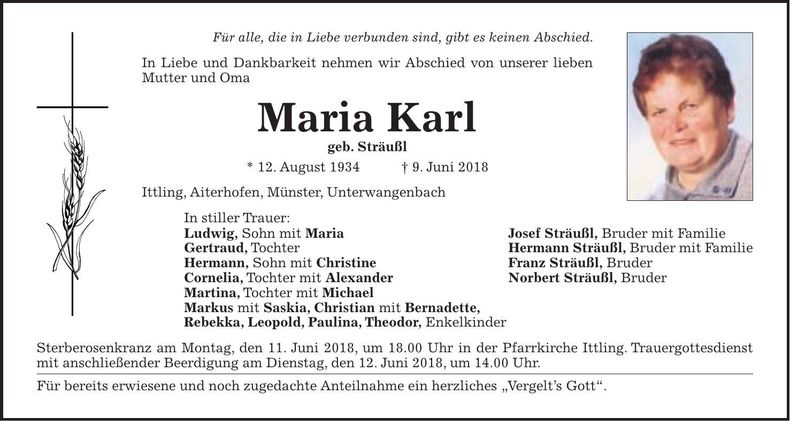 Traueranzeige Maria Karl