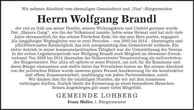 Traueranzeige Wolfgang Brandl