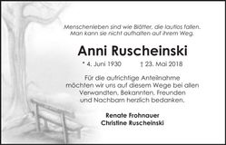 Traueranzeige Anni Ruscheinski