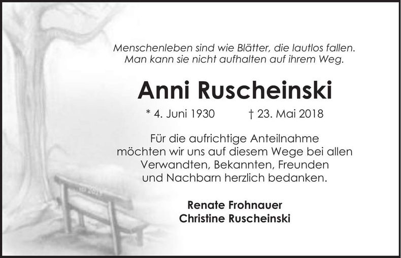 Traueranzeige Anni Ruscheinski