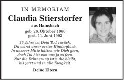 Traueranzeige Claudia Stierstorfer