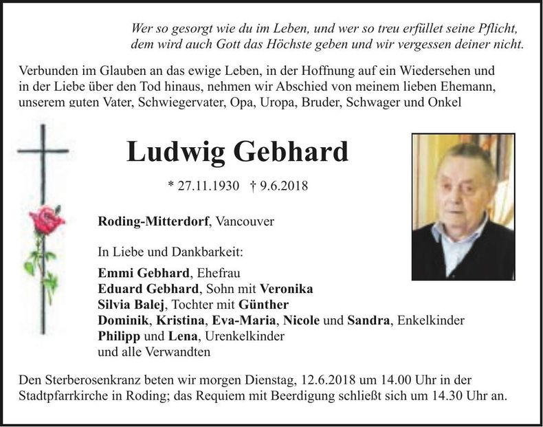 Traueranzeige Ludwig Gebhard