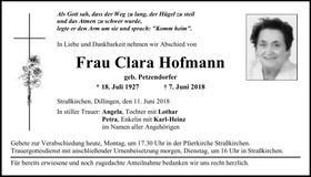 Traueranzeige Clara Hofmann