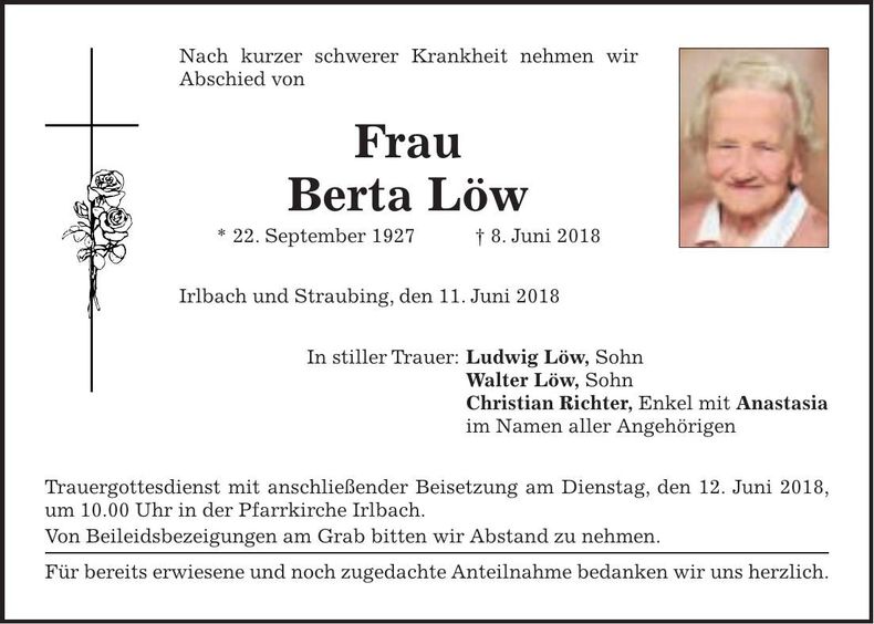 Traueranzeige Berta Löw