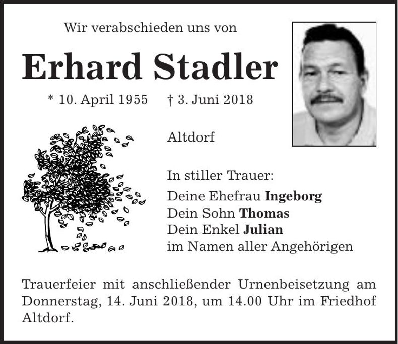 Traueranzeige Erhard Stadler