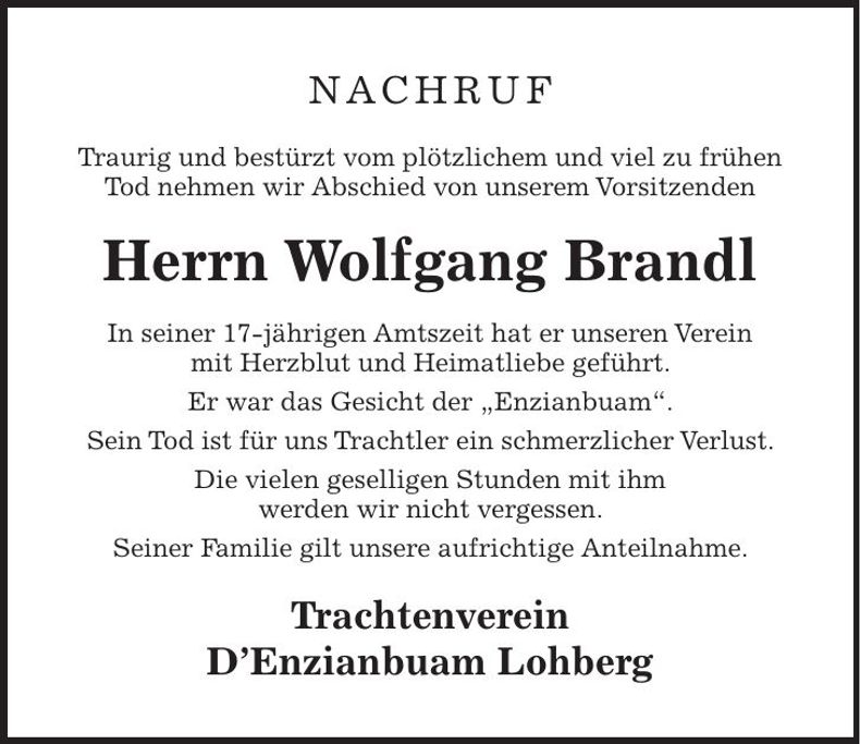 Traueranzeige Wolfgang Brandl