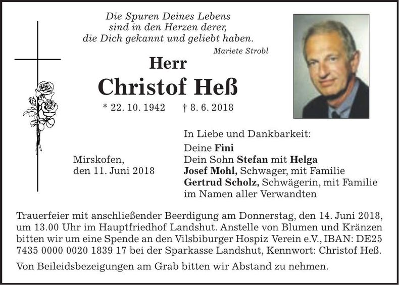 Traueranzeige Christof Heß