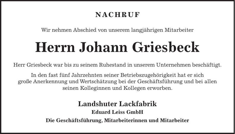 Traueranzeige Johann Griesbeck