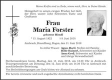 Traueranzeige Maria Forster