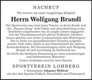 Traueranzeige Wolfgang Brandl