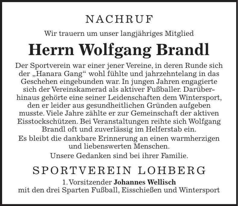 Traueranzeige Wolfgang Brandl
