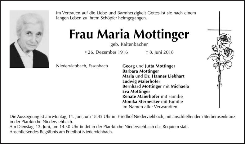 Traueranzeige Maria Mottinger