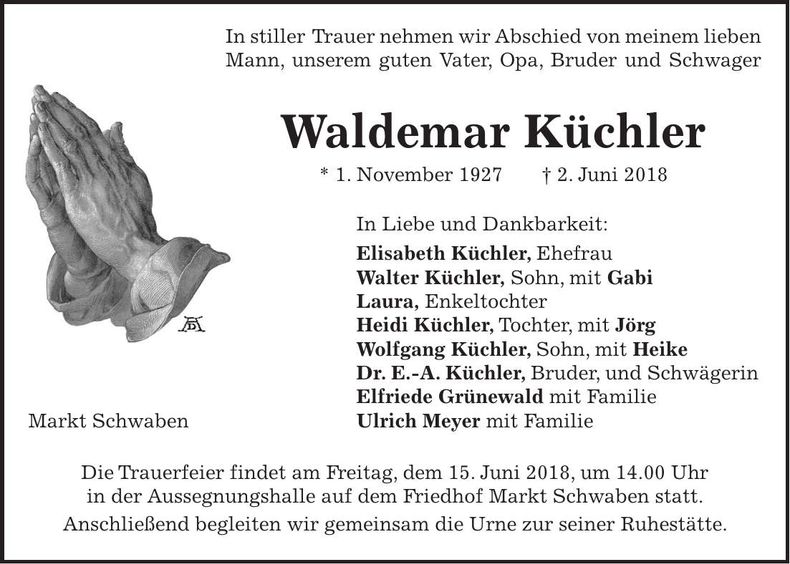 Traueranzeige Waldemar Küchler