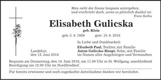 Traueranzeige Elisabeth Gulicska